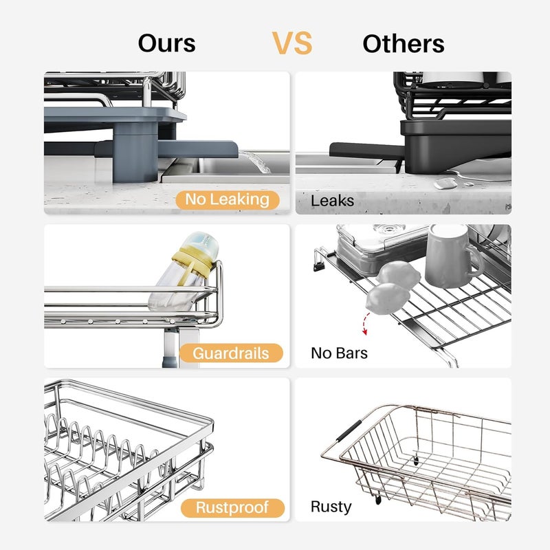 SNTD Dish Drying Rack - Extendable Dish Rack, Large Sink Drying Dish Drainer for Kitchen Counter, Stainless Steel Dish Strainer with Utensil Holder (Silver) - Image 3